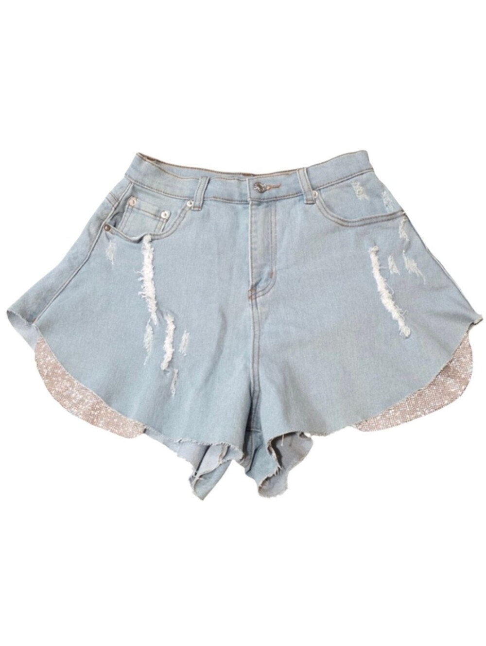 12th Tribe Get Down Denim Bling Out of Pocket Rhinestone High Waist Shorts Small